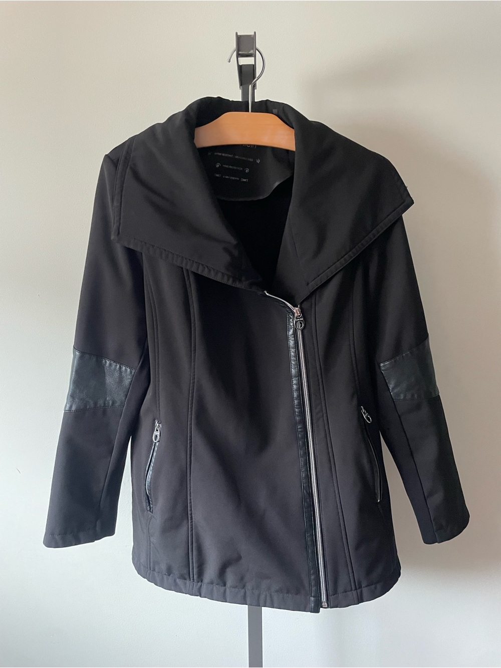 Calvin Klein Asymmetrical Softshell Moto Jacket Faux Leather Weatherproof